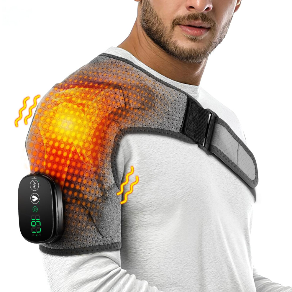 Heated Shoulder Wrap with Vibration, Cordless Adjustable Temperature Brace for Pain Relief, Grey