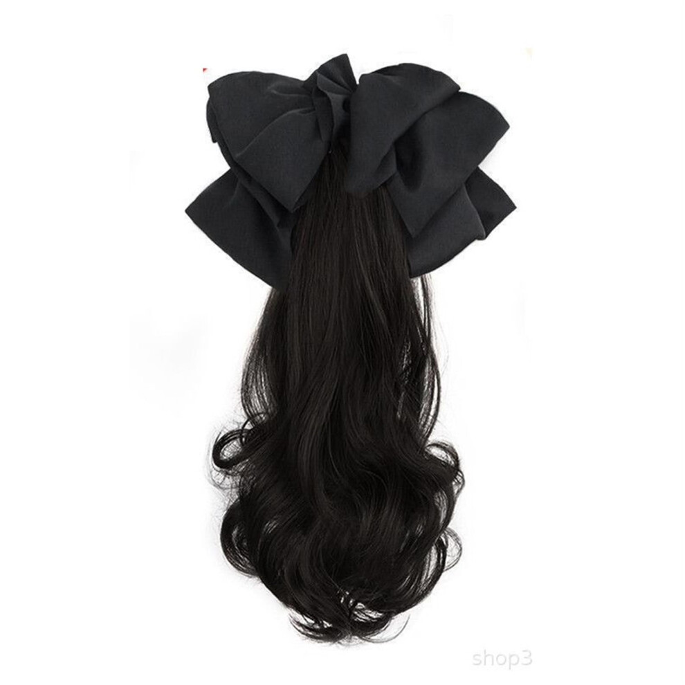 Unisex Black Ponytail Wig Women Long Curly Hair Clipin Ponytail Scrunchy Clip Bow And Braid 40Cm