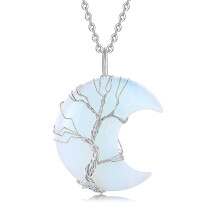 Natuurlijke kristallen ketting, helende kwarts sieraden met een levensboom hanger in de vorm van een halve maan, spirituele edelsteen sieraden voor