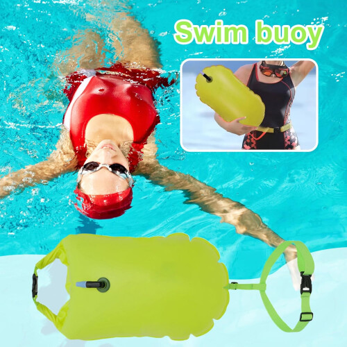 Swimming Pull Buoy Visibility Float Bag Adjustable Strap Kayaking Snorkeling Pool Lake Fluorescent Green 1