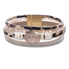 Armband met magnetische sluiting voor dames, handgeweven leren wikkelarmbanden met kristallen kralen, meerlaagse boho-manchetarmband met natuursteen.