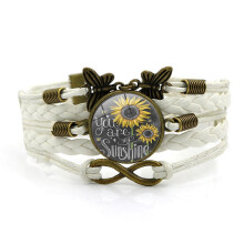 Sunflower Charm Bracelet for Women You Are My Sunshine Boho Gifts Handmade Inspirational Design PU Leather Braided Bracelet with Metal Disc Engraving,