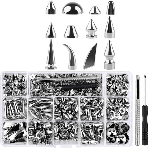 270Set Spikes and Studs,Mixed Shape Punk Spike Rivets Metallic Cone Screw Back Studs with Install Tool for Leather