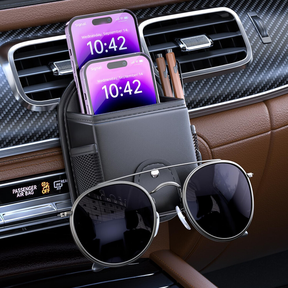 Leather Car Air Vent Organizer With Sunglass And Phone Holder For Keys Coins Cards Black 9382693530752