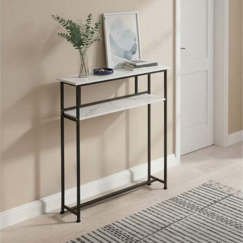 Living And Home 2-Tier Narrow Marble-Effect Console Table, White