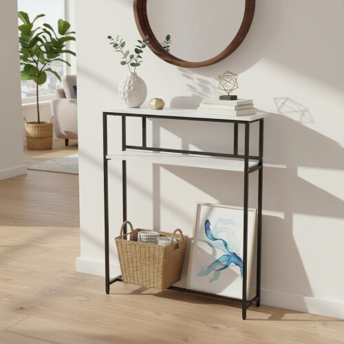 Living And Home 2-Tier Narrow Marble-Effect Console Table, White 1