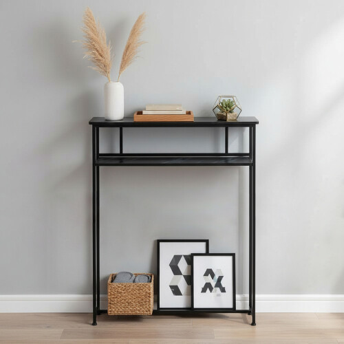Living And Home 2-Tier Narrow Marble-Effect Console Table, Black 1
