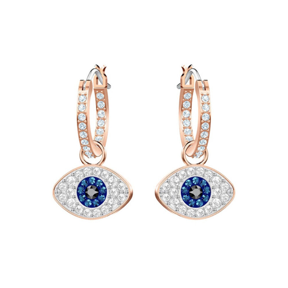 Dainty Design Earrings, Mini Hoop with Evil Eye and Pavé Accents in Rose Gold Plated Finish, Crystal Pavé Embellished Hoops Featuring Swarovski