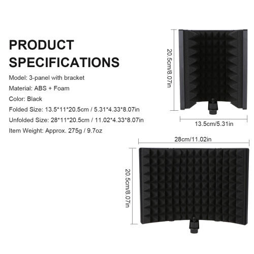 3-Panel Microphone Isolation Screen with Stand, Portable Sound Absorber in Black 1