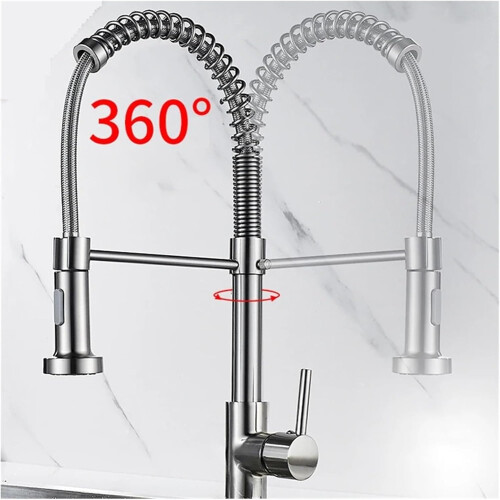 Kitchen Faucet With PullDown Sprayer, SingleHandle Mixer, 360Degree Rotating, SpringStyle Finishes Brass Chrome Black 1