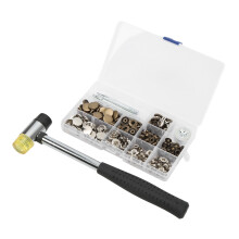 Kit de fermeture à pression pour travaux de maroquinerie, couture et réparation, comprenant des boutons-pression en métal, un outil d'installation