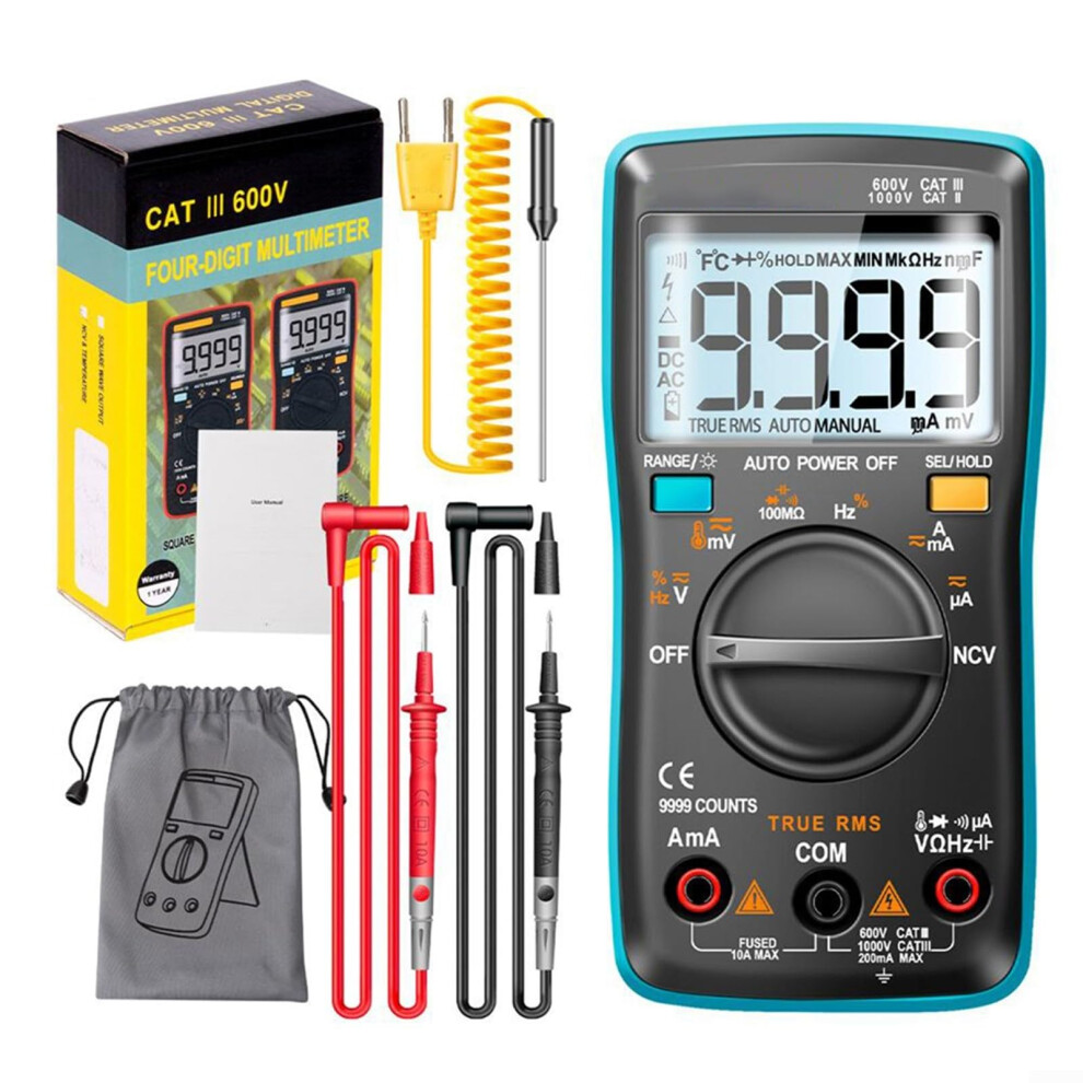 Digital Multimeter 9999 Counts Ac/Dc Voltage And Current Tester Capacitance Diode Ncv Blue 9187378557730