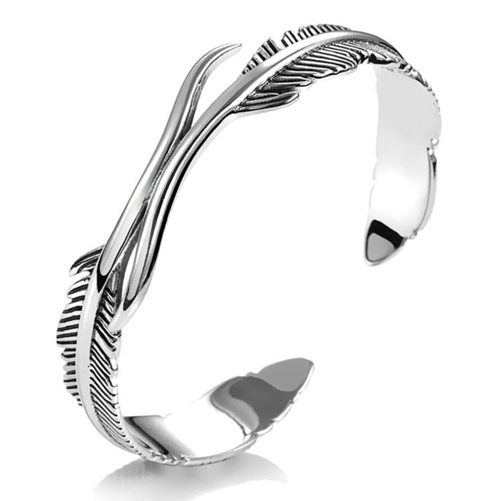 Vintage Gothic Punk Design Bracelet For Women, Minimalist Feather Design With Adjustable Cuff Bangle, Fashion Women Jewelry In Sterling Open Silver
