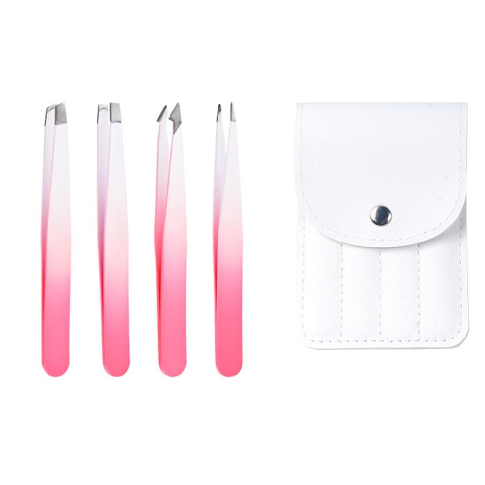4Piece Stainless Steel Eyebrow Tweezers Set with MultiTip Design for Precision Hair Removal Pink