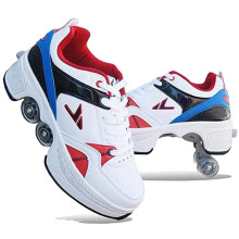 Women's Roller Skates PU Leather Adjustable Quad Inline Skates Four-Wheel Shoes for Girls Blue Size EU35