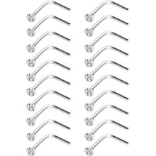 L Shape Nose Ring Studs, Hypoallergenic Curved Nose Piercings Stainless Steel Tiny Studs with Sparkle Crystal, Comfort Fit Design for Sensitive Skin,