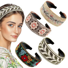 Women's Ethnic Style Wide Hairband, Boho Embroidery Non Slip Floral Knot 4PCs, Vintage Polyester Fabric Lightweight Comfortable