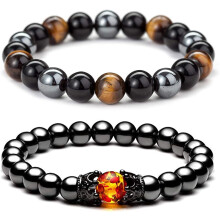 Drievoudige bescherming Spirit Shield, helende armbanden: natuurstenen - tijgeroog, obsidiaan, hematiet, verstelbare armbanden voor mannen en