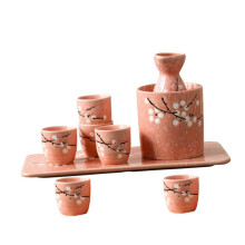 Japanese Ceramic Sake Set with Warmer Pink Bottle Cups Tray, Traditional Japanese Design for Home Bar