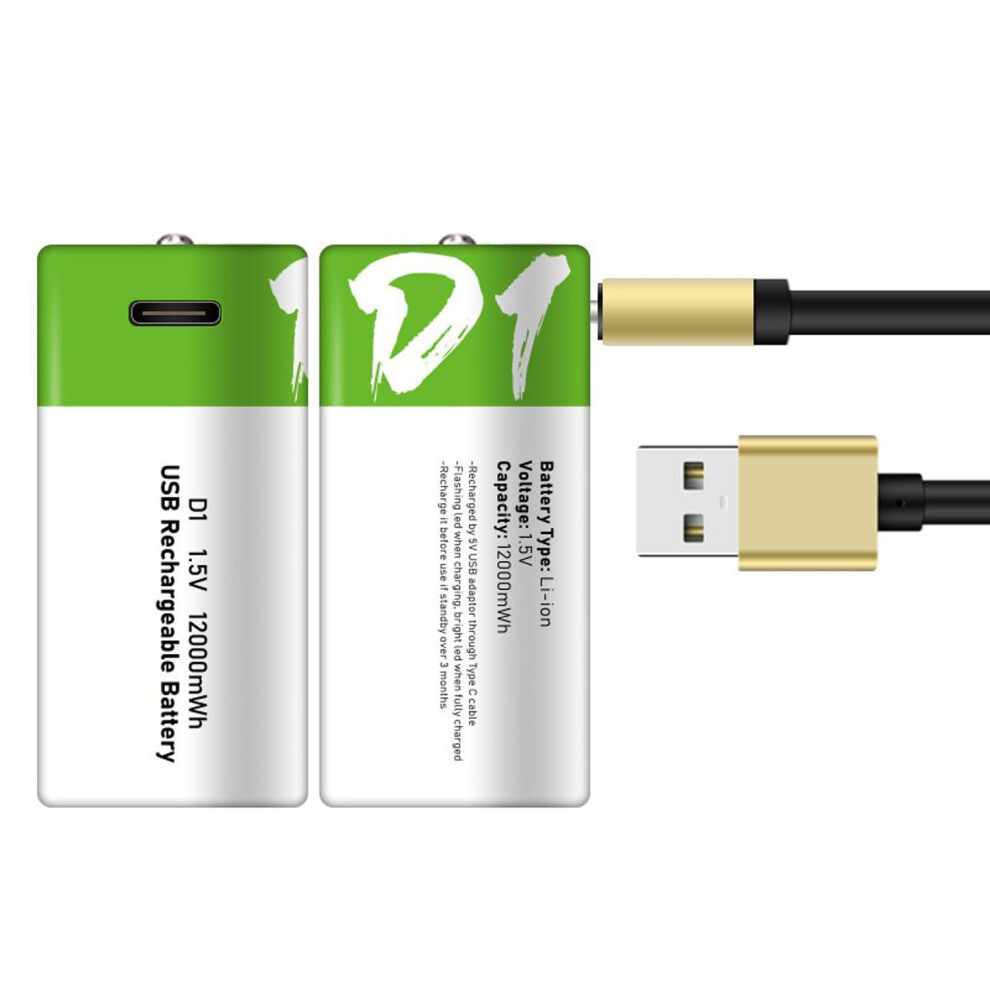 1.5V Usb Rechargeable Lithium Ion Battery 12000Mwh D1 2 Pack Fast Charging Typec With Led Indicator 9187378558676