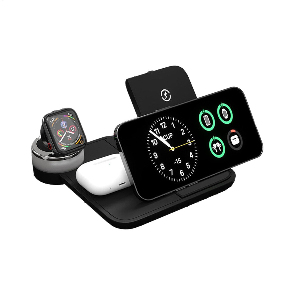 Wireless Charging Station 4In1 Fast Charger Foldable Stand 15W For Phone And Watch Travel Dock Portable Black