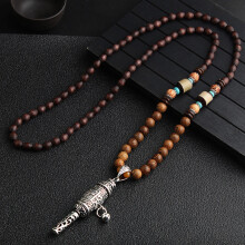 Håndlaget Nepal Mala treperlekjede, vintage etnisk langt statement ullkjede treperlekjede boho hippie-stil anheng, meditasjonsbønn