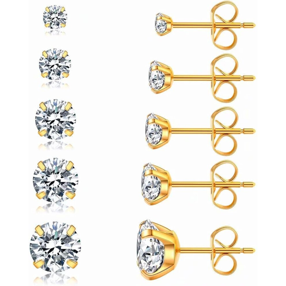 Brilliant Cut Cz Stud Earrings Set, Hypoallergenic Simulated Diamond Earrings, 316L Stainless Steel Cubic Zirconia Studs, 3 Prongs Set Style, 14K Gold