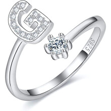 Justerbar ring för kvinnor, öppen ring i 925 sterlingsilver med initial, personliga initialringar med hjärtformad design, kubisk zirkonia