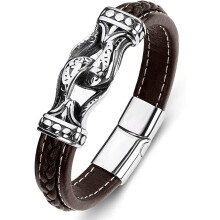 Minnesmycken för män och kvinnor, manschettarmband med vikingarmbandsdesign, äkta lädermagnetiskt lås, justerbart, modegåvor med rostfritt stål