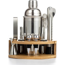 Cocktail Shaker Set 12Pc Bartender Kit 750ml Stainless Steel Shaker Bamboo Stand Mocktail Recipes Booklet Silver
