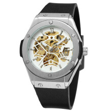 Men's Skeleton Watch, Automatic Self Wind Movement with Adjustable Silicone Band and Anti Shock Technology, Fashion Luxury Watch with Spiral Crown and