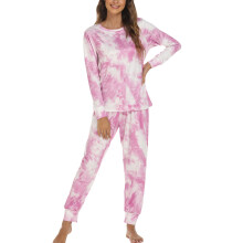 Tvådelat pyjamasset för kvinnor, långärmat loungeset med tie dye-tryck, mjuk bomulls- och andningsbart tyg, dragsko i midjan