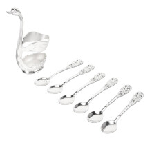 Dessert skjesett i førsteklasses metall, elegant skjeholder i svanedesign med sløyfedesign, kaffeskjesett og blandeverktøy for