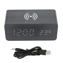 Digital Alarm Clock with Wireless Charging Wooden LED Clock Featuring Voice Control Auto-adjust Brightness Time Date Temperature Display for Modern