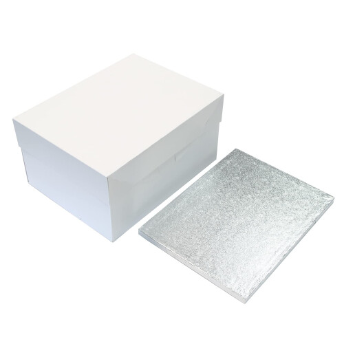 Culpitt 18" x 14" Cake Board & White Cake Box Combo, Oblong Silver Fer 2