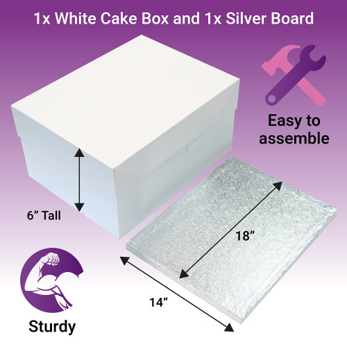 Culpitt 18" x 14" Cake Board & White Cake Box Combo, Oblong Silver Fer 1