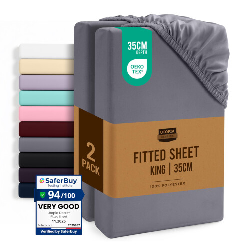 Utopia Bedding Fitted Sheet King (2 Pack), Grey - Deep Pocket 14 inch