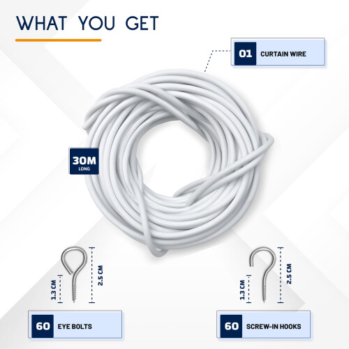 Dikots Net Curtain Wire and Hooks Set - 30 Meter Curtain wire kit incl 1
