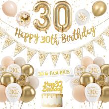 30th Birthday Decorations Set, Sand White & Gold, 26 Pieces, Balloons,