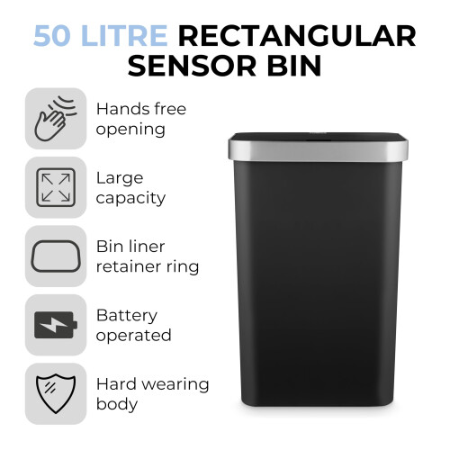 Tower Tower Rectangular ABS Sensor Bin with Bin Liner Retainer Ring, 50L, Bl 1