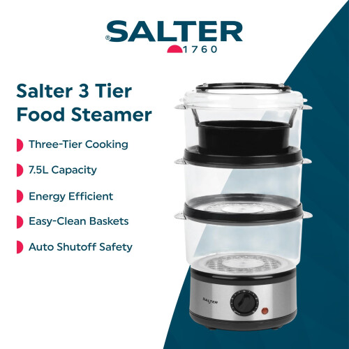 Salter Salter 3 Tier Electric Food Steamer - 7.5L, Stackable Steaming Baskets 1