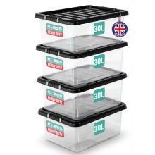KLASS 4 x 30 Litre Underbed Storage Boxes with Lids Set of 4, Clear Mu