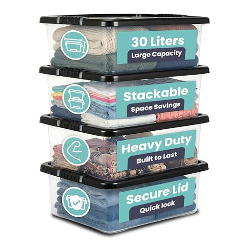 TANNESS - 4 Pack 30L Underbed Storage Boxes with Lids | Clear Plastic