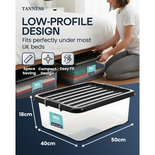 TANNESS - 4 Pack 30L Underbed Storage Boxes with Lids | Clear Plastic 2
