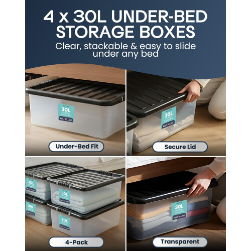 TANNESS - 4 Pack 30L Underbed Storage Boxes with Lids | Clear Plastic 1