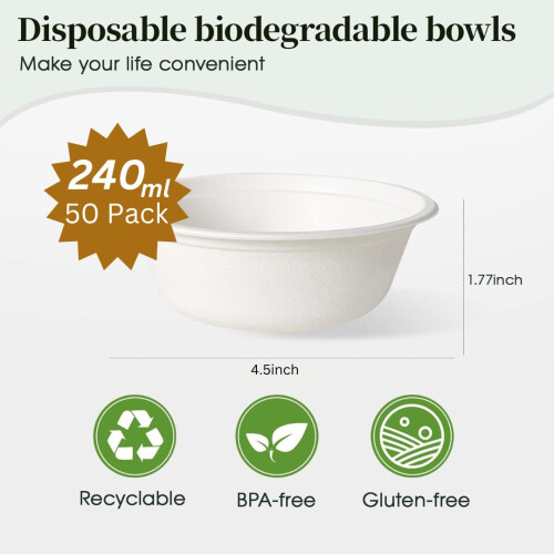 Ask Packaging 50 Pack Strong Paper Bowls – 240ml Small Disposable Comp 2