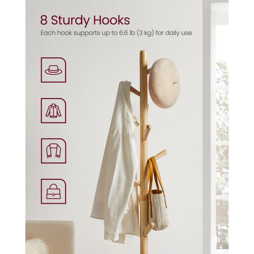 VASAGLE VASAGLE Coat Rack, Solid Wood Coat Stand, Free Standing Hall Coat Tree 2