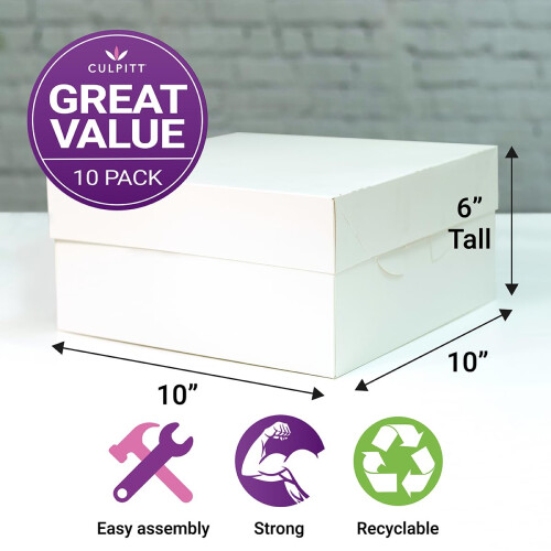 Culpitt 10" White Cake Box With Glued Lid, 10 Pack, 254 X 152mm, Rigid 1