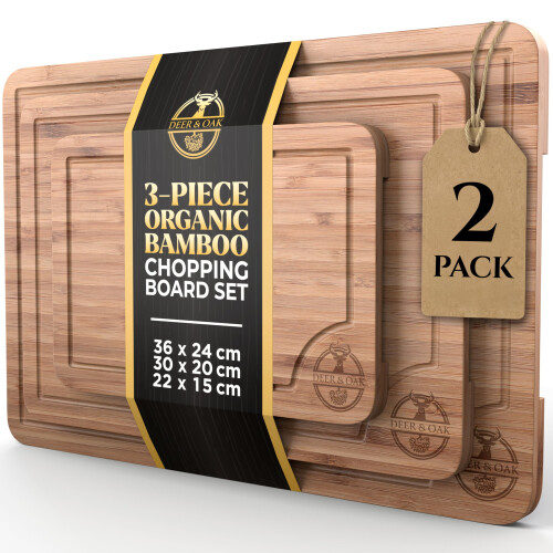 Deer & Oak 3-Piece Bamboo Chopping Board Set (2 Pack), Pre-Oiled Woode