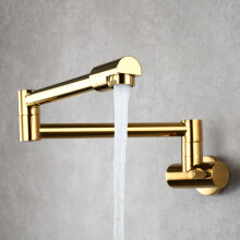 Mixer Tap Kitchen Sink Wall Mount Double Joint Nozzle Pot Filler 360 Rotation Single Cold Water Single Lever Gold